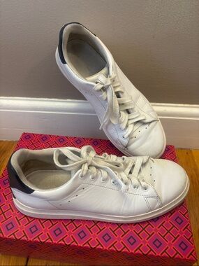 Tory Burch White Leather Athletic Sneakers with Black Heel Accent